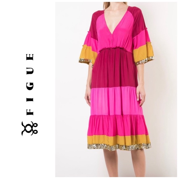 NWT Figue  Silk Crepe Colorblock Gold Sequin  Trim Midi Dress Bohemian Gypsy - Picture 4 of 16